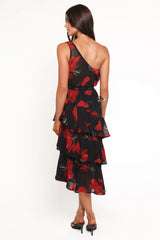 Brigette One Shoulder Tiered Midi Dress - Red Floral