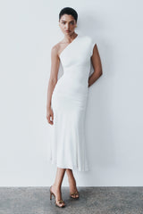 Chloe Peached Jersey One Shoulder Midi Dress - Ivory