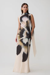Dakota Chiffon Maxi Dress With Scarf - Ivory Oversized Floral Print