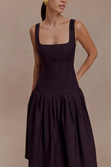 Natascha Drop Waist Cotton Midi Dress - Chocolate