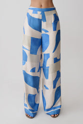 Rachel Satin Straight Leg Pants - Blue Geo Tile Print