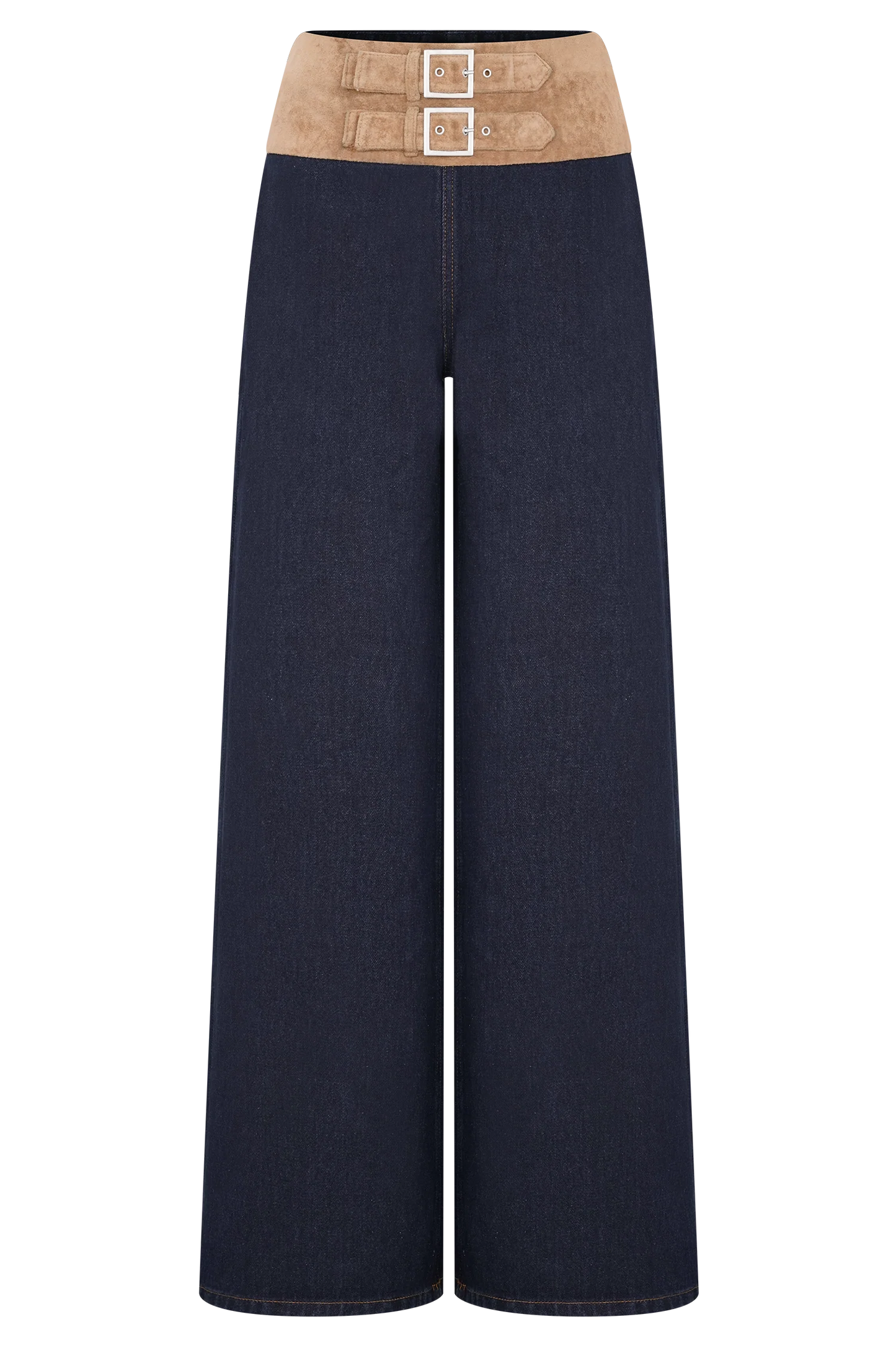 Miranda Faux Suede Belted Denim Wide Leg Jeans - Indigo Blue