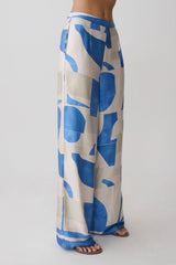 Rachel Satin Straight Leg Pants - Blue Geo Tile Print