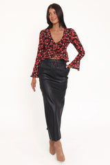 Aveline Chiffon Ruffle Front Top - Brown Floral