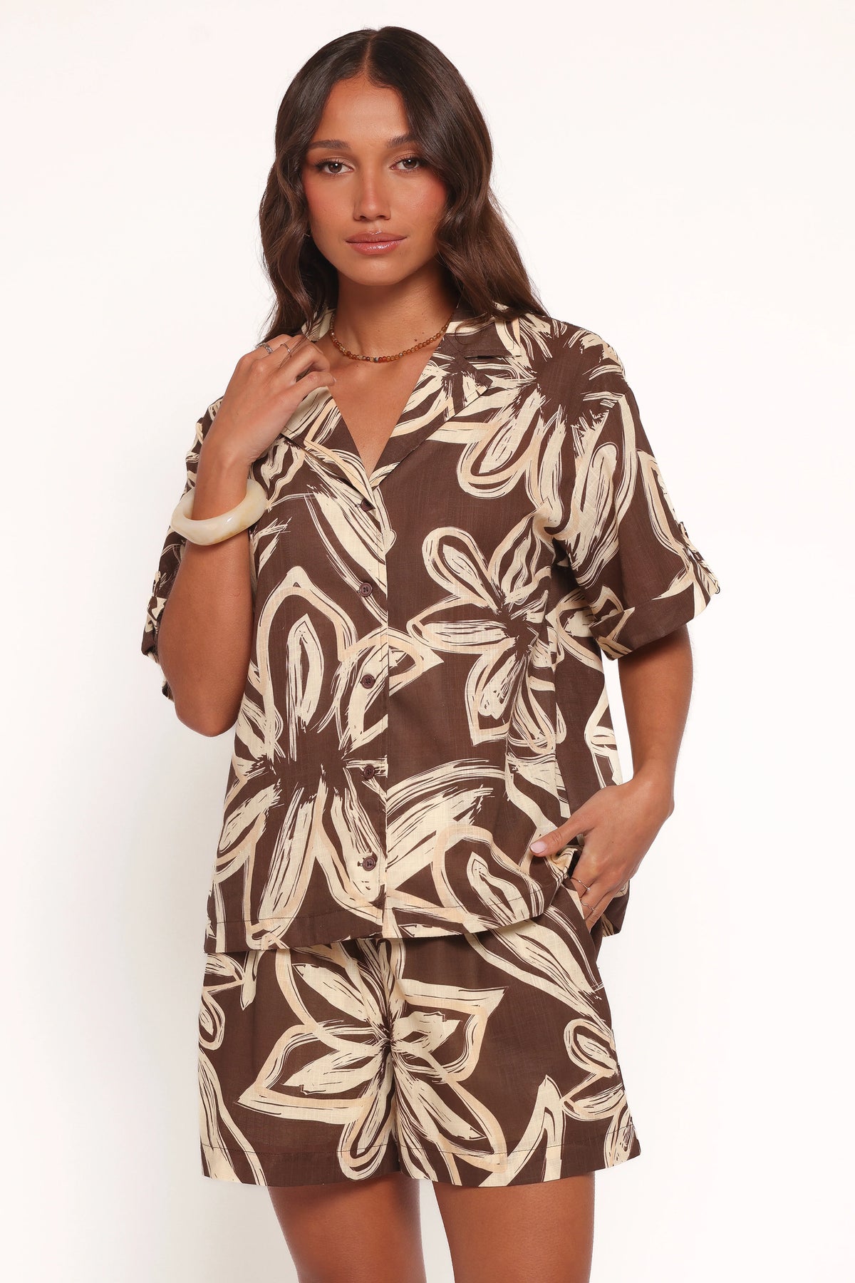 Pacifica Button Up Shirt - Chocolate Floral