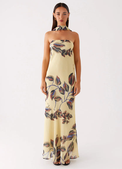 Under The Pagoda Maxi Dress - Buttercream Leaf Print