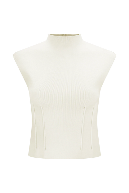 Romaine High Neck Bandage Knit Top - Ivory