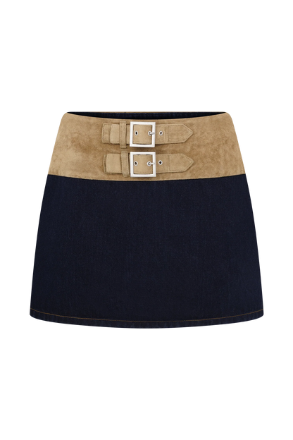 Miranda Faux Suede Belted Denim Mini Skirt - Indigo Blue