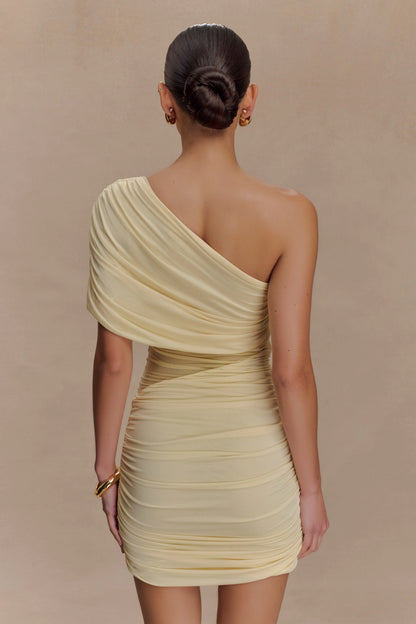 Dallas One Shoulder Mesh Mini Dress - Lemon