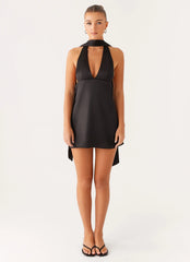 Alicia Satin Halter Mini Dress - Black