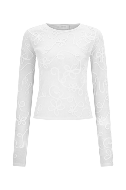 Omari Embroidery Long Sleeve Knit Top - Ivory