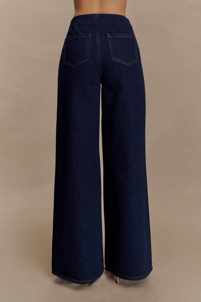 Miranda Faux Suede Belted Denim Wide Leg Jeans - Indigo Blue