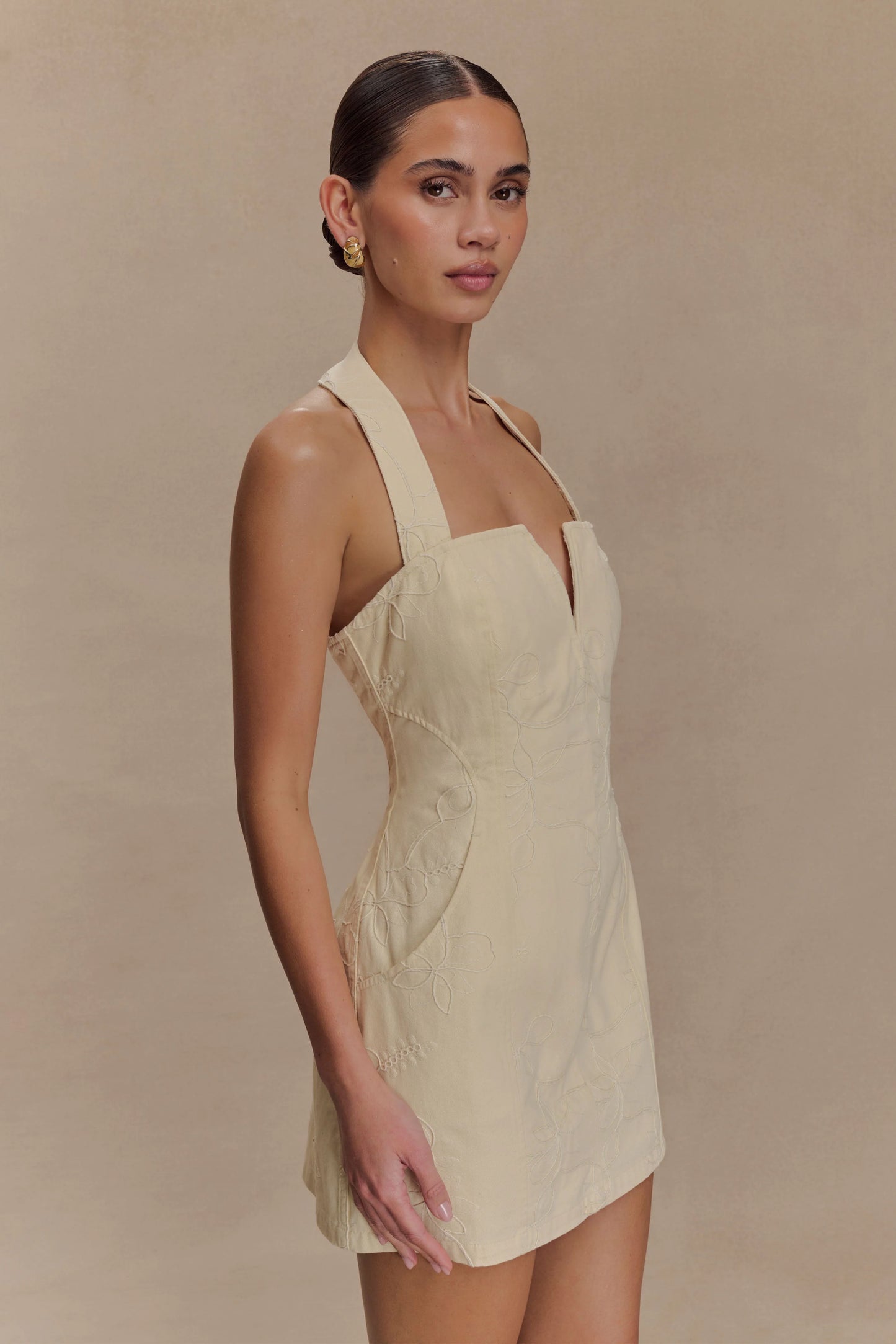 Ebony Embroidered Denim Mini Dress - Cream