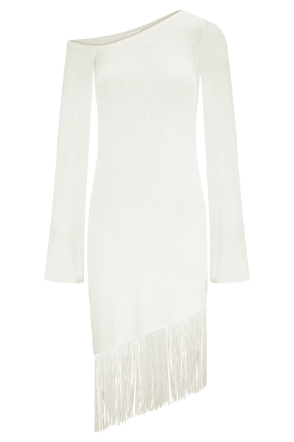 Kayden Fringe Off Shoulder Knit Mini Dress - Ivory