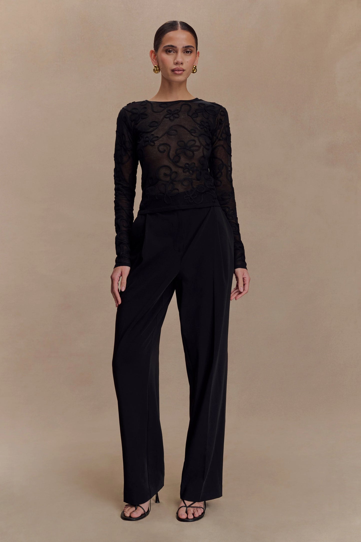 Omari Embroidery Long Sleeve Knit Top - Black