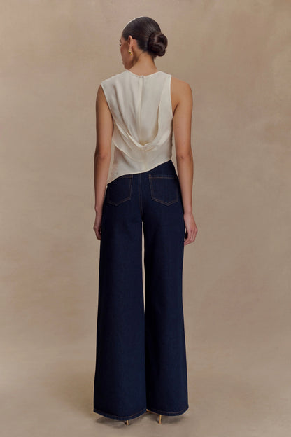 Miranda Faux Suede Belted Denim Wide Leg Jeans - Indigo Blue