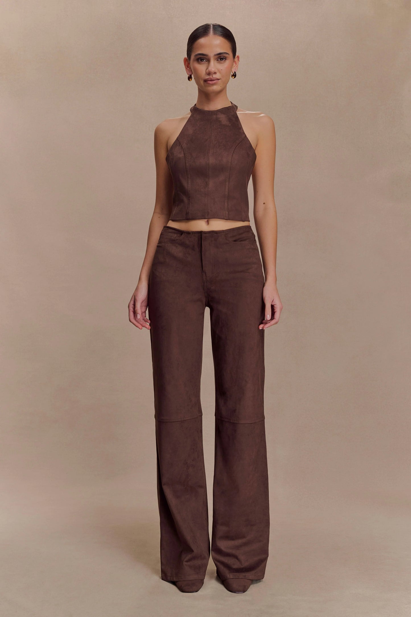 Logan Faux Suede Halter Top - Dark Chocolate