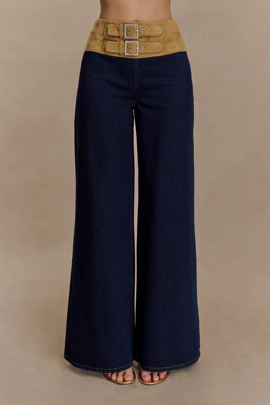 Miranda Faux Suede Belted Denim Wide Leg Jeans - Indigo Blue