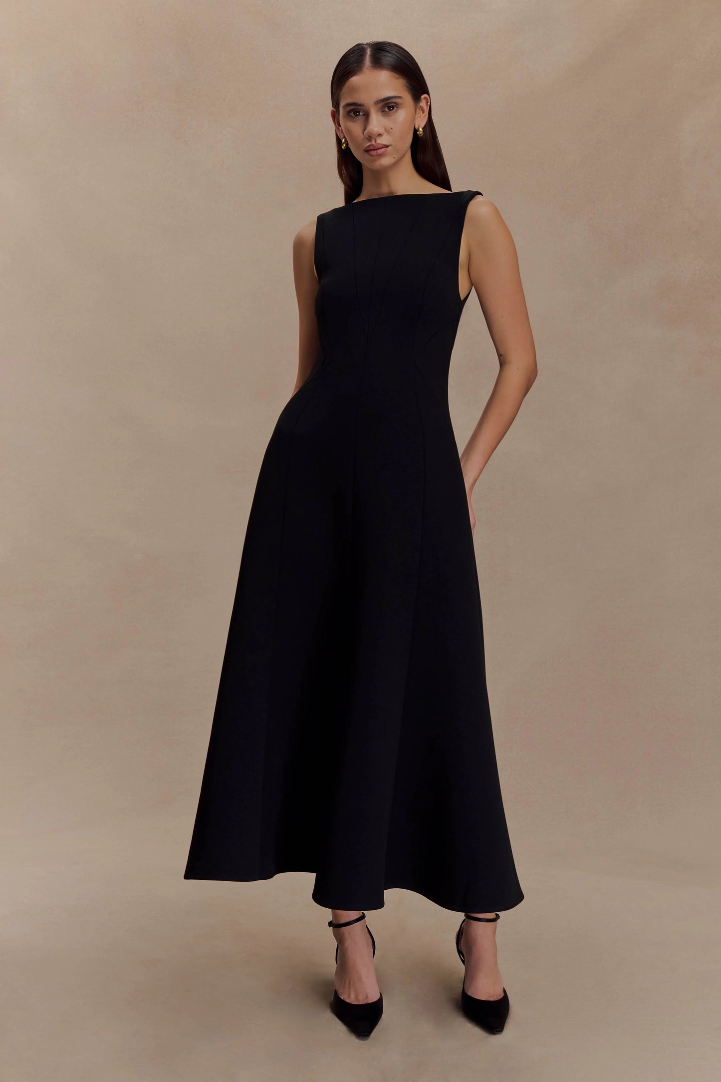 Callista Crepe A-Line Midi Dress - Black