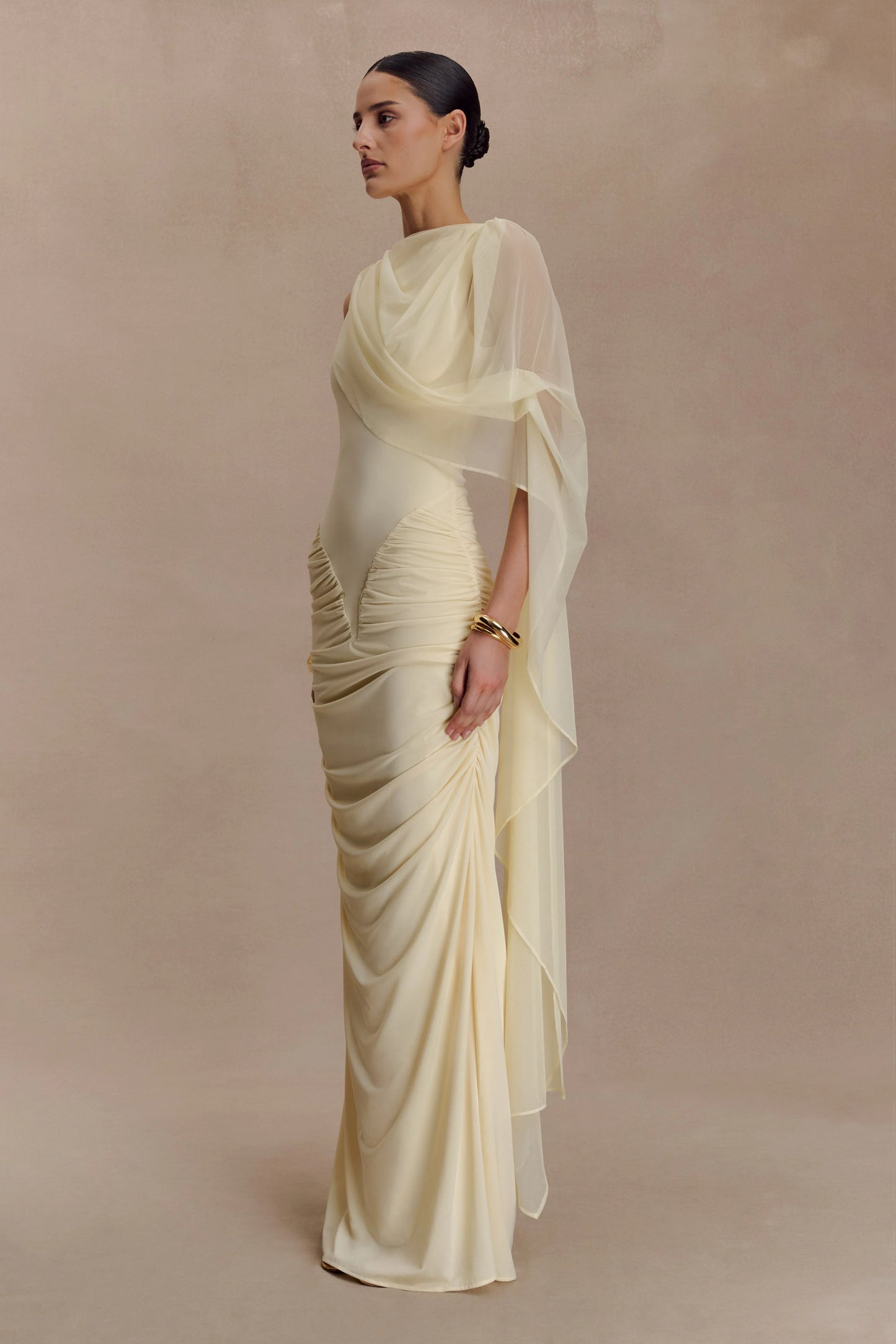 Amandine Ruched Slinky Maxi Dress - Lemon
