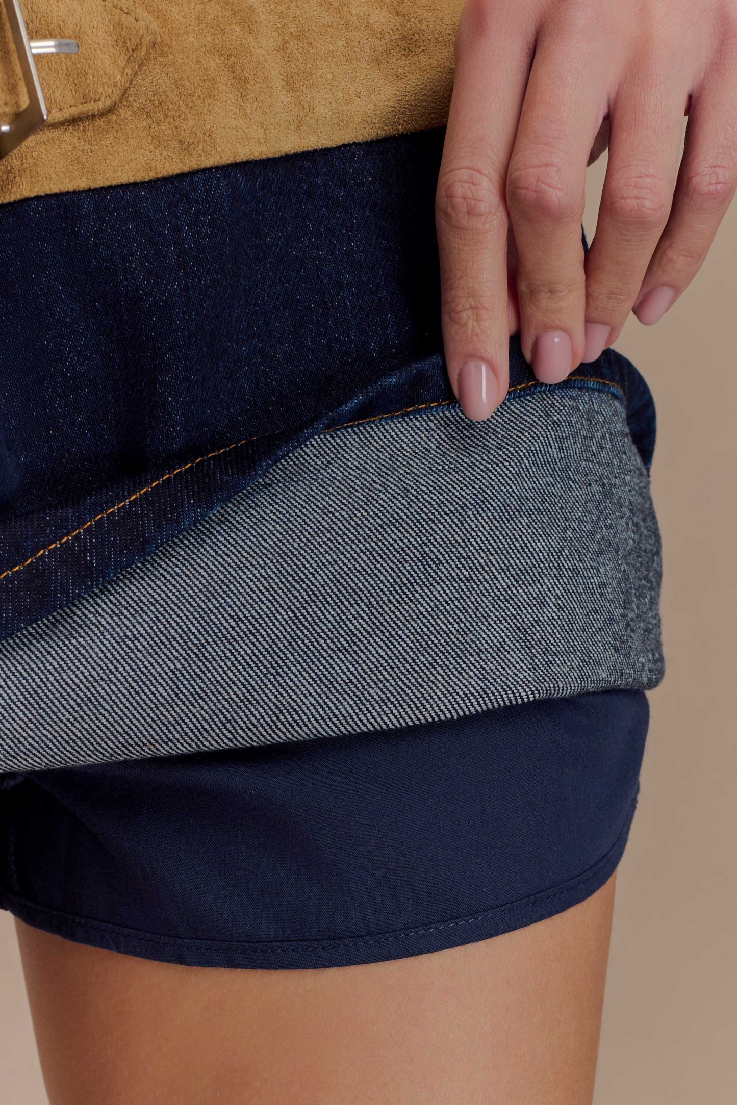 Miranda Faux Suede Belted Denim Mini Skirt - Indigo Blue