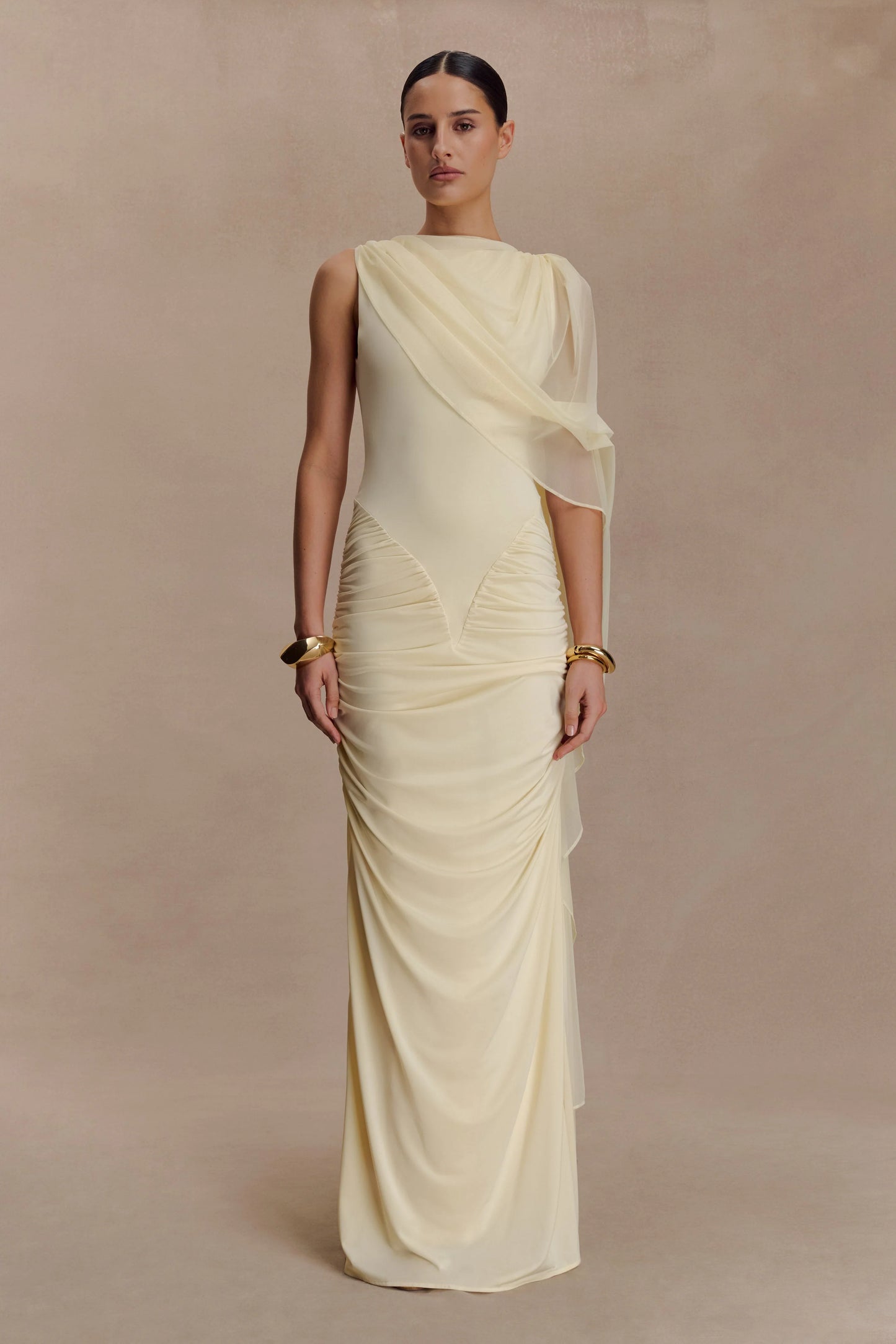 Amandine Ruched Slinky Maxi Dress - Lemon