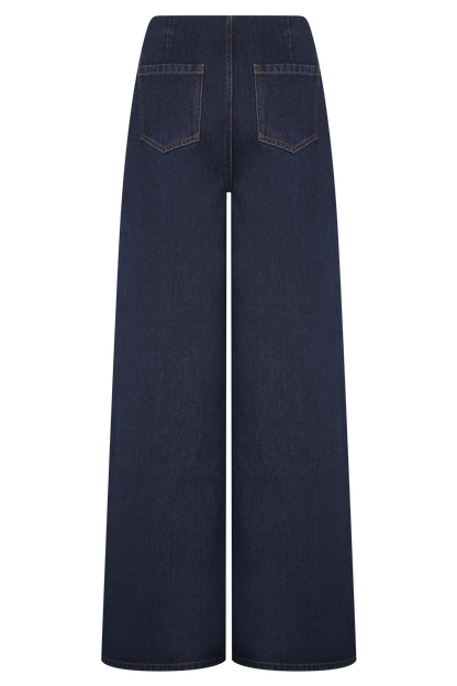 Miranda Faux Suede Belted Denim Wide Leg Jeans - Indigo Blue