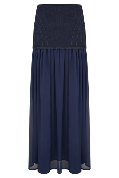 Tully Chiffon Denim Maxi Skirt - Indigo Blue