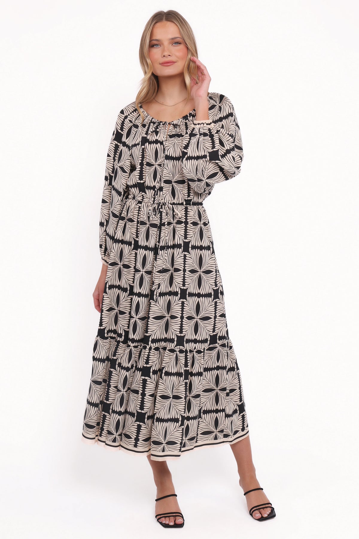 Faris Off Shoulder Midi Dress - Black Geo