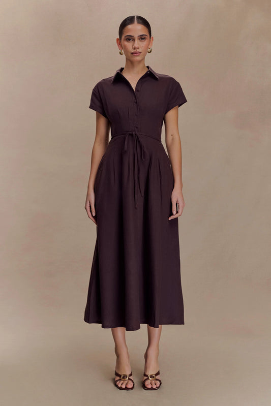Aysha Buttoned Linen Midi Dress - Chocolate