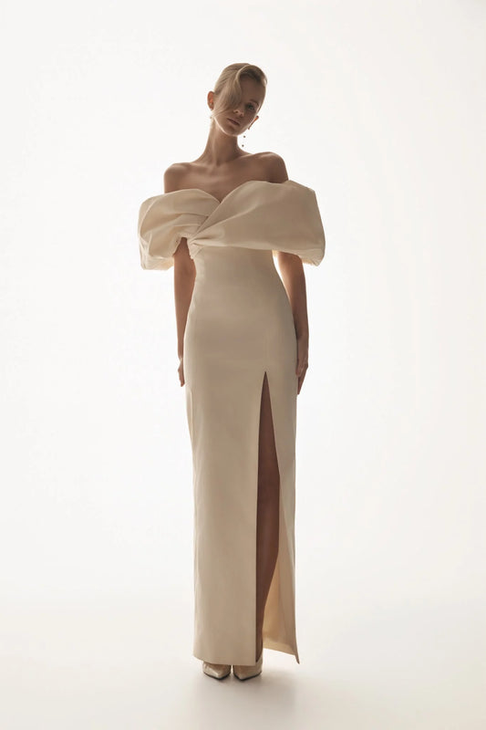 Angelica Taffeta Off Shoulder Bridal Gown - Soft Beige