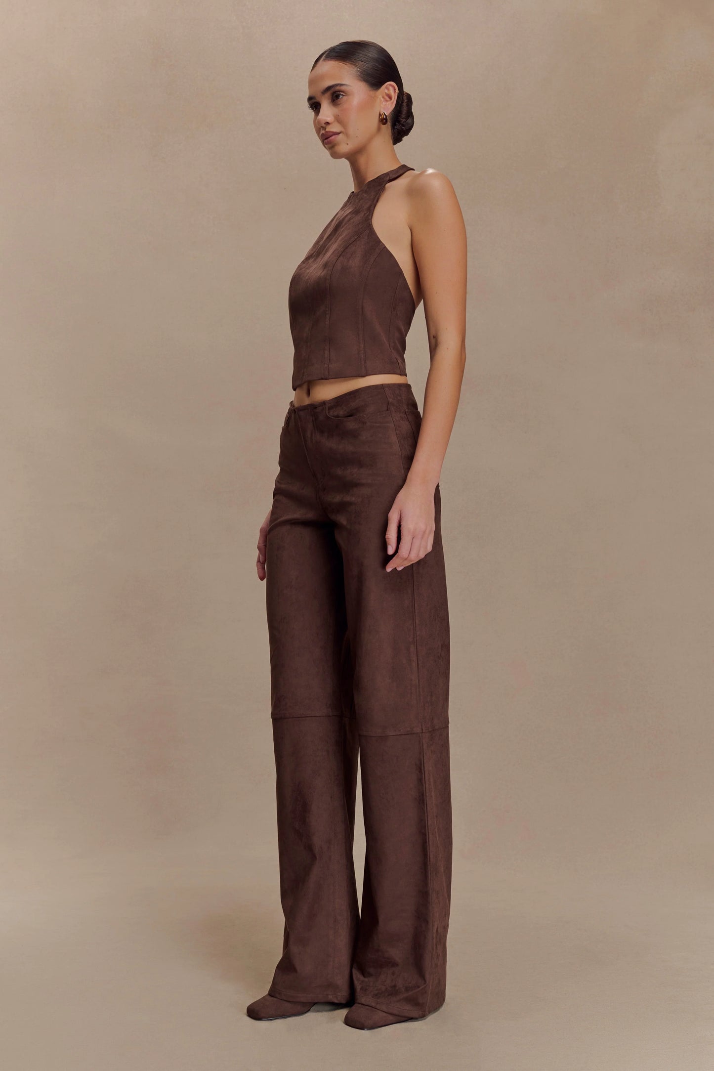Logan Faux Suede Halter Top - Dark Chocolate