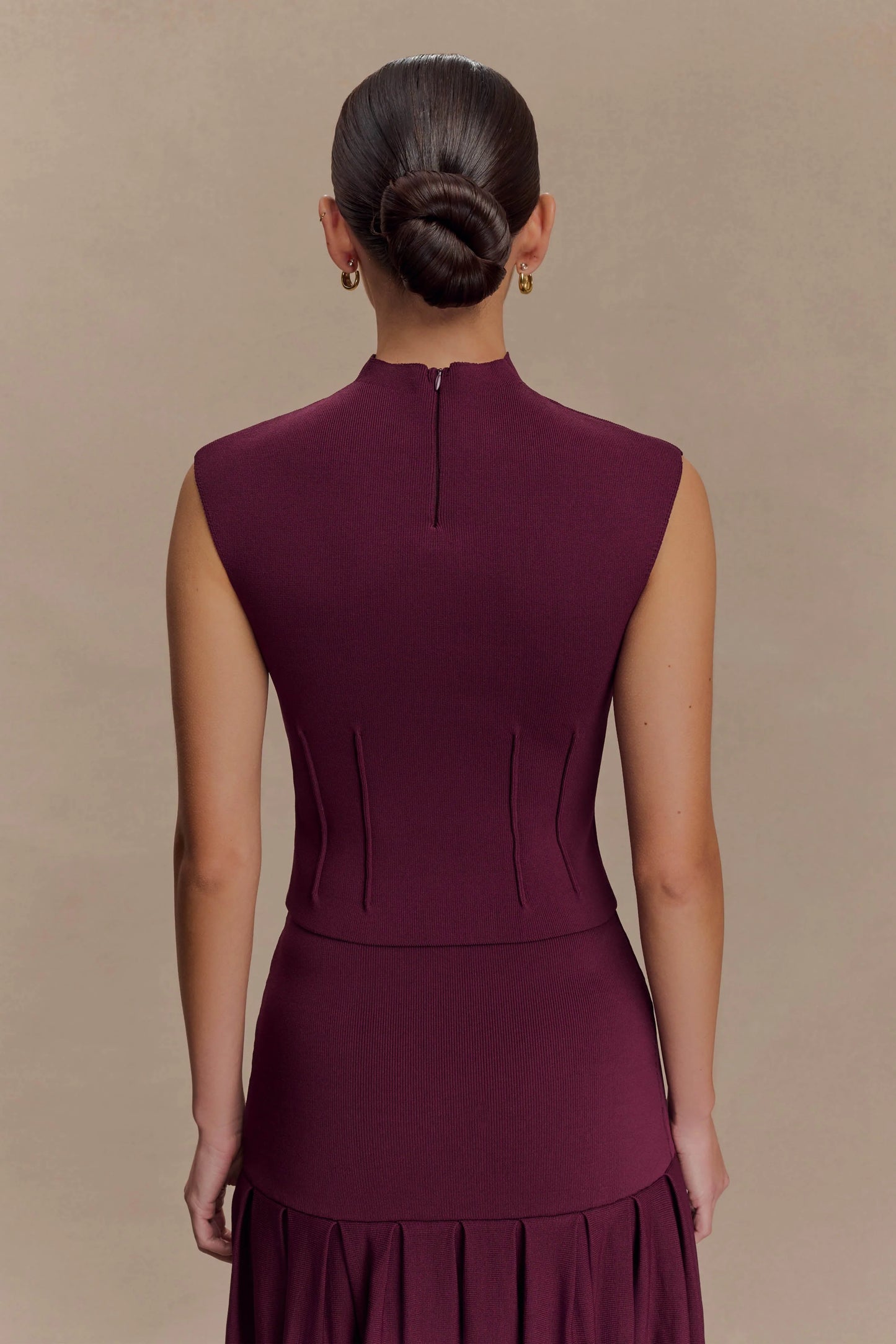 Romaine High Neck Bandage Knit Top - Wine
