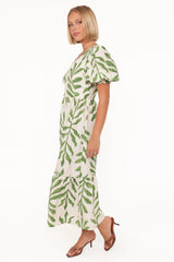 Steele Puff Sleeve Midi Dress - Green Palm