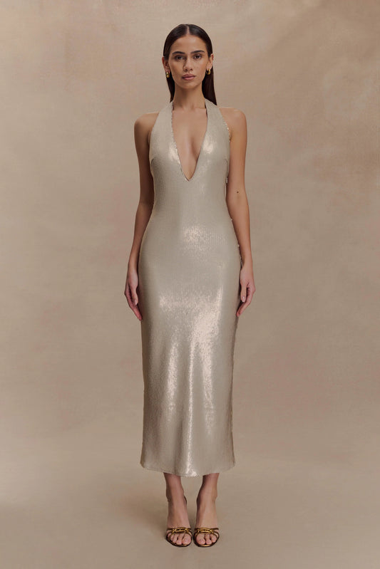 Carnation Sequin Halter Midi Dress - Gold