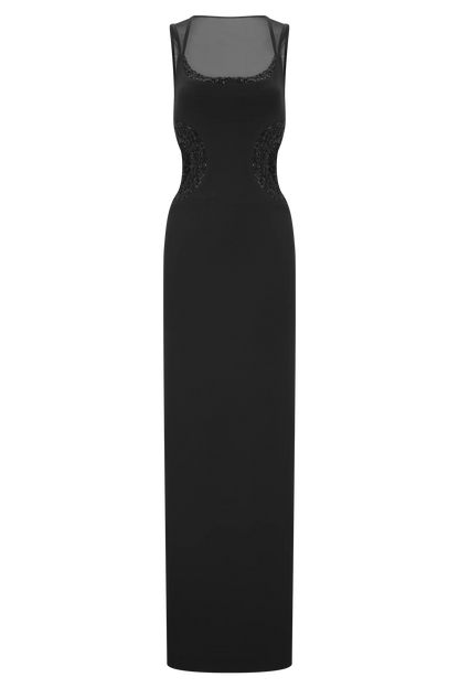 Angelique Beaded Crepe Maxi Dress - Black