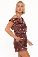 Cassidy One Shoulder Romper - Brown Polka Dot