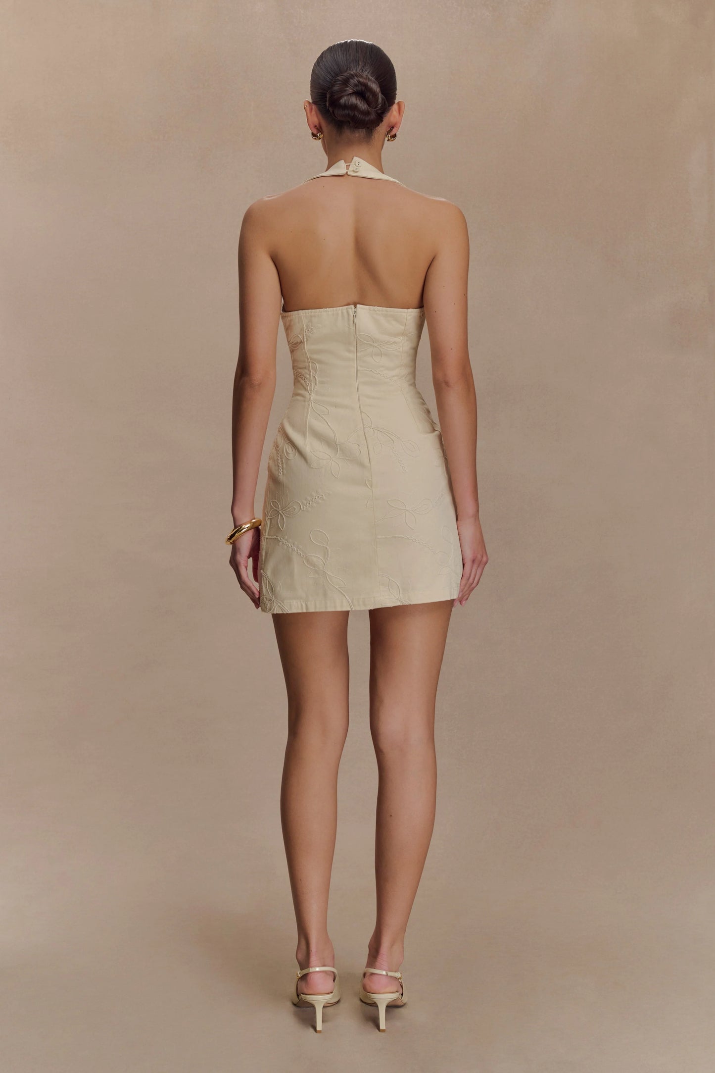 Ebony Embroidered Denim Mini Dress - Cream
