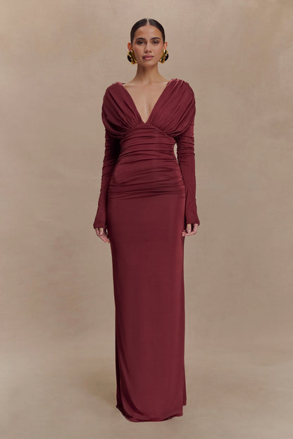Hayden Long Sleeve Plunge Maxi Dress - Wine