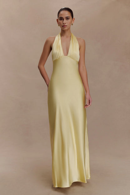 Alice Satin Halter Maxi Dress - Lemon