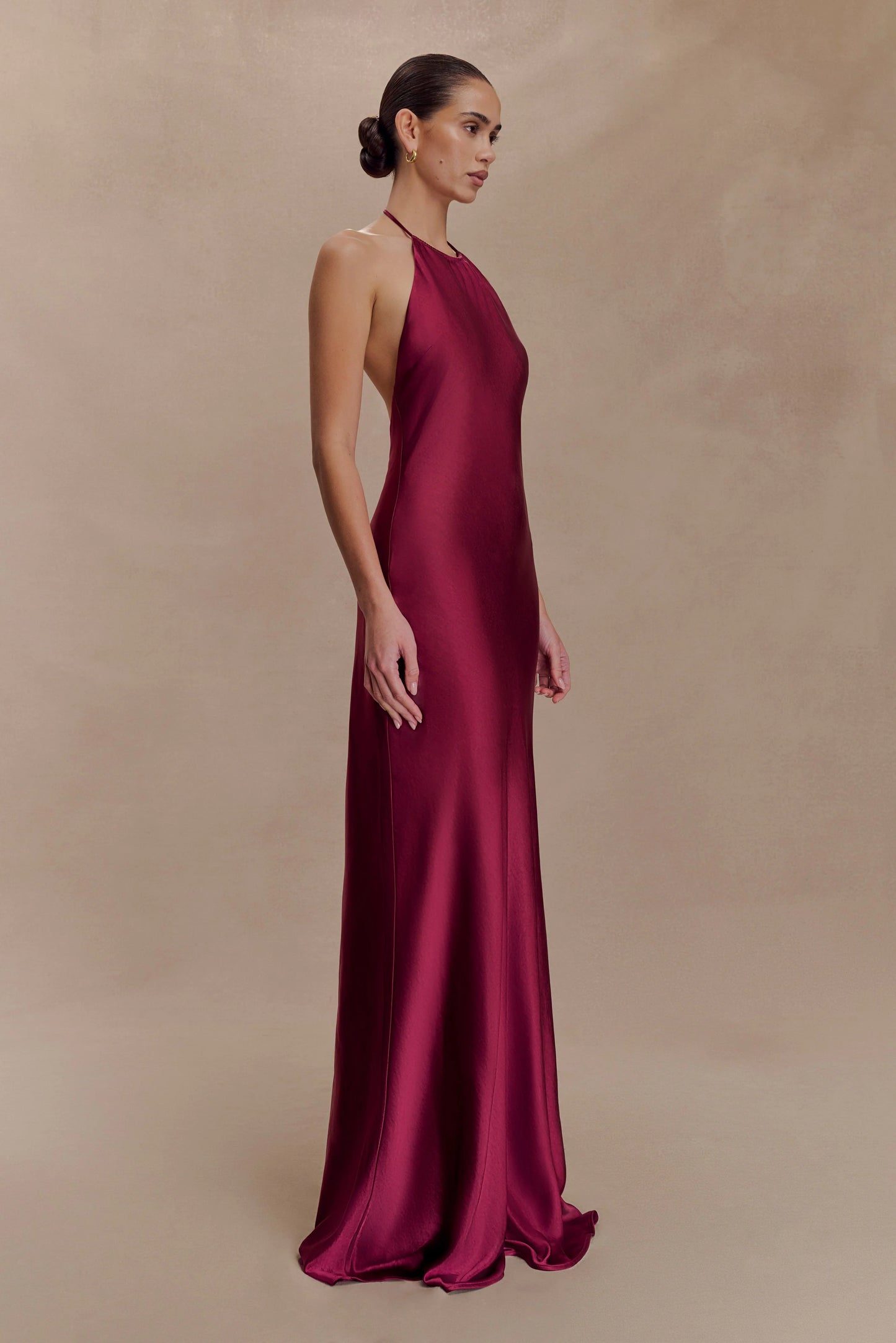 Bella Satin Halter Maxi Dress - Mahogany