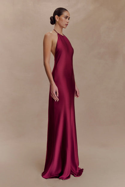 Bella Satin Halter Maxi Dress - Mahogany