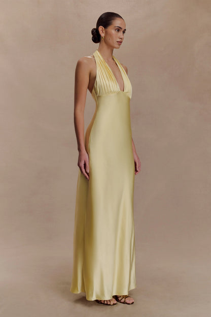 Alice Satin Halter Maxi Dress - Lemon