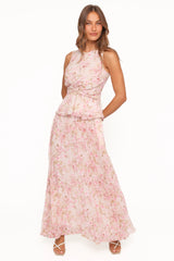 Mena Pleated Maxi Skirt - Blurred Pink Floral