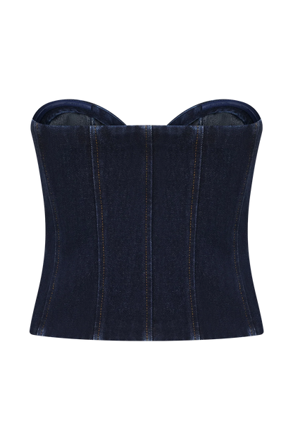 Tully Strapless Topstitch Denim Top - Indigo Blue