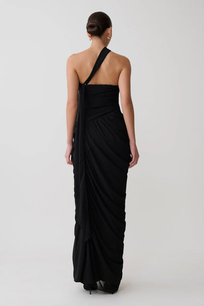 Micaela Chiffon Gathered Maxi Dress - Black