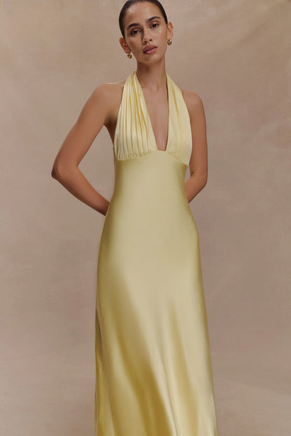 Alice Satin Halter Maxi Dress - Lemon