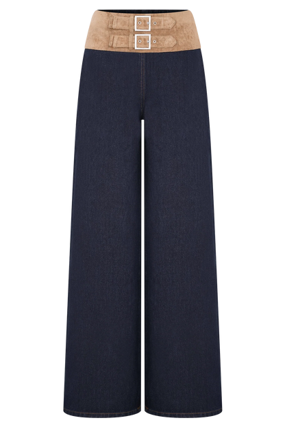 Miranda Faux Suede Belted Denim Wide Leg Jeans - Indigo Blue