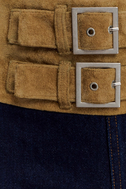 Miranda Faux Suede Belted Denim Wide Leg Jeans - Indigo Blue