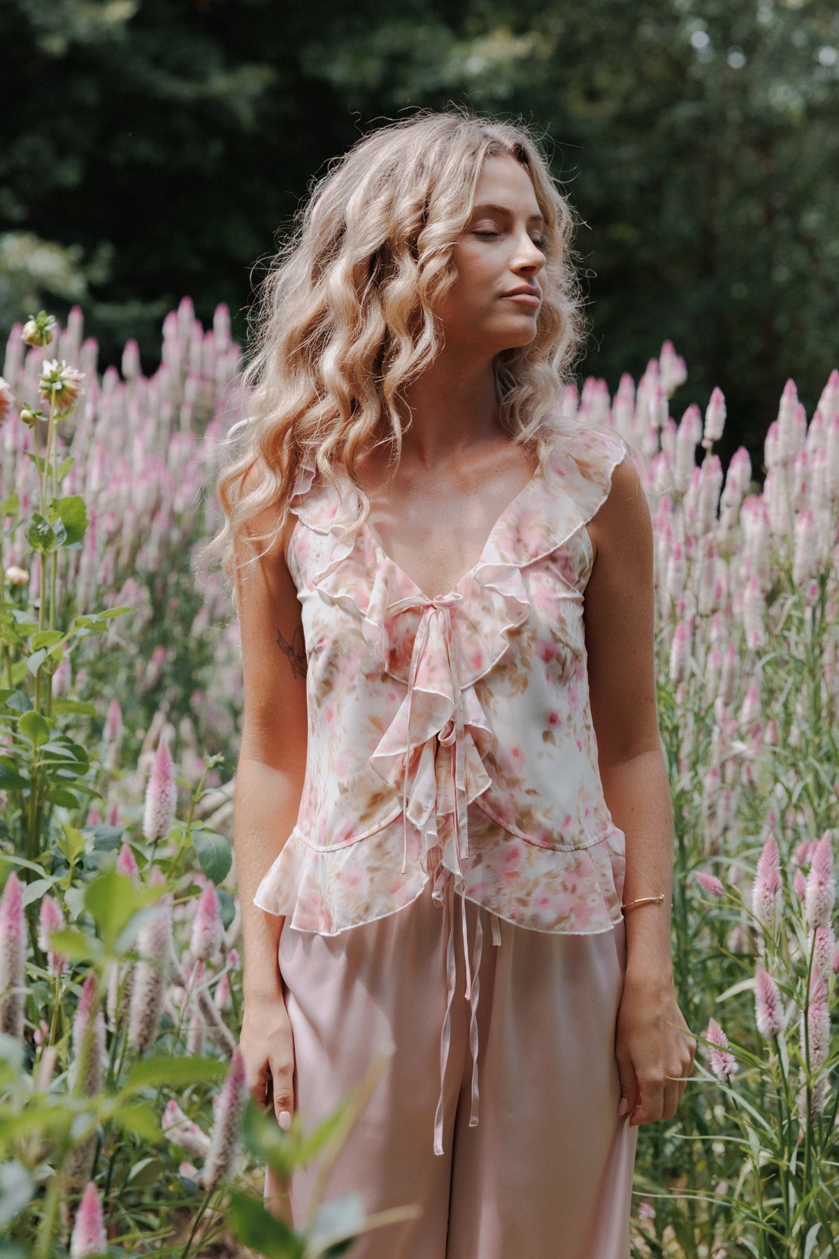 Ismena Tie Front Top - Blurred Pink Floral